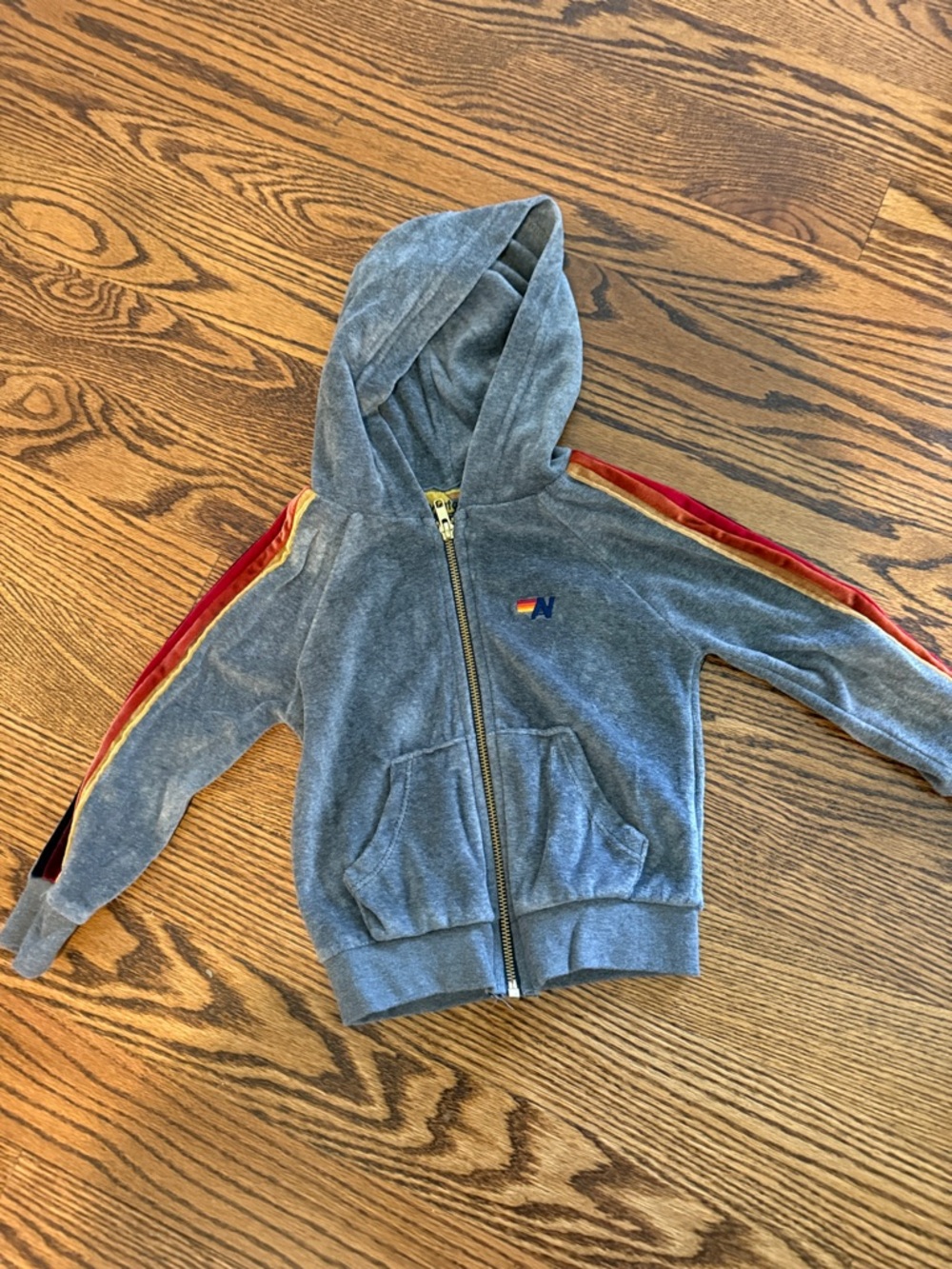 Aviator Nation Gray Kids Zip velour  Hoodie with Red & Gold Shoulder Stripes